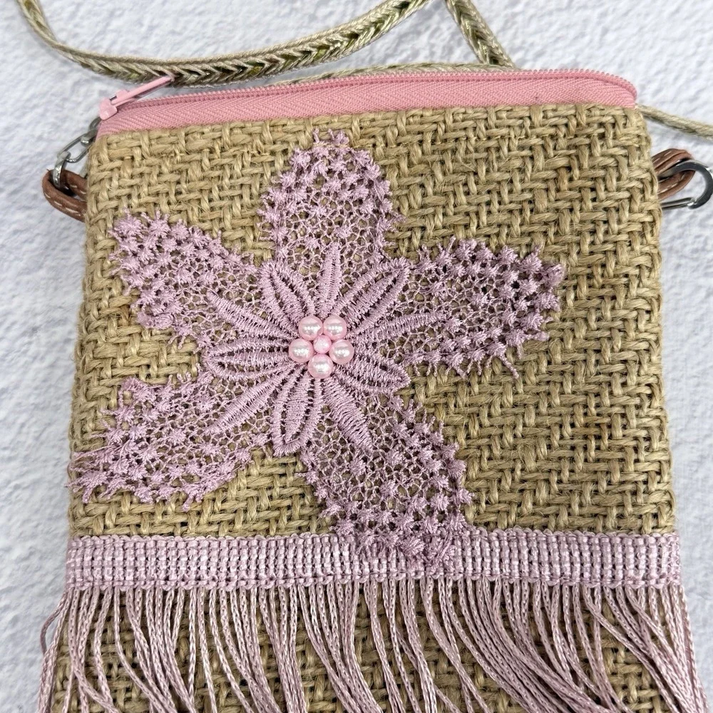 Boho Jute Straw Crossbody Bag‎ Small Pink Crochet Flower Fringe Purse